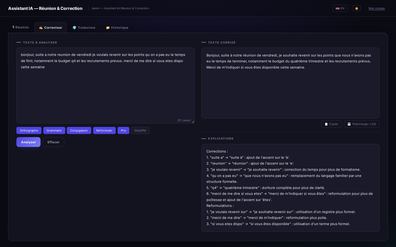 Correcteur de texte professionnel dans iaxion Meet